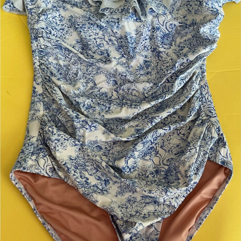 J. Crew Ruched sweetheart one-piece swimsuit ruffles blue toile sz 12 WORN ONCE - Picture 2 of 6